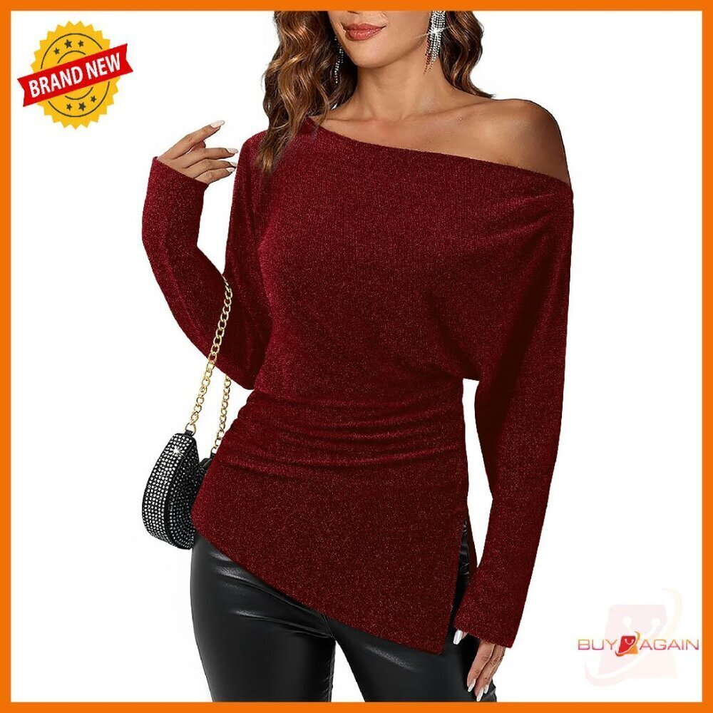Off Shoulder Long Sleeve Blouse Sparkly Fabric Ruched Waist Dressy Top